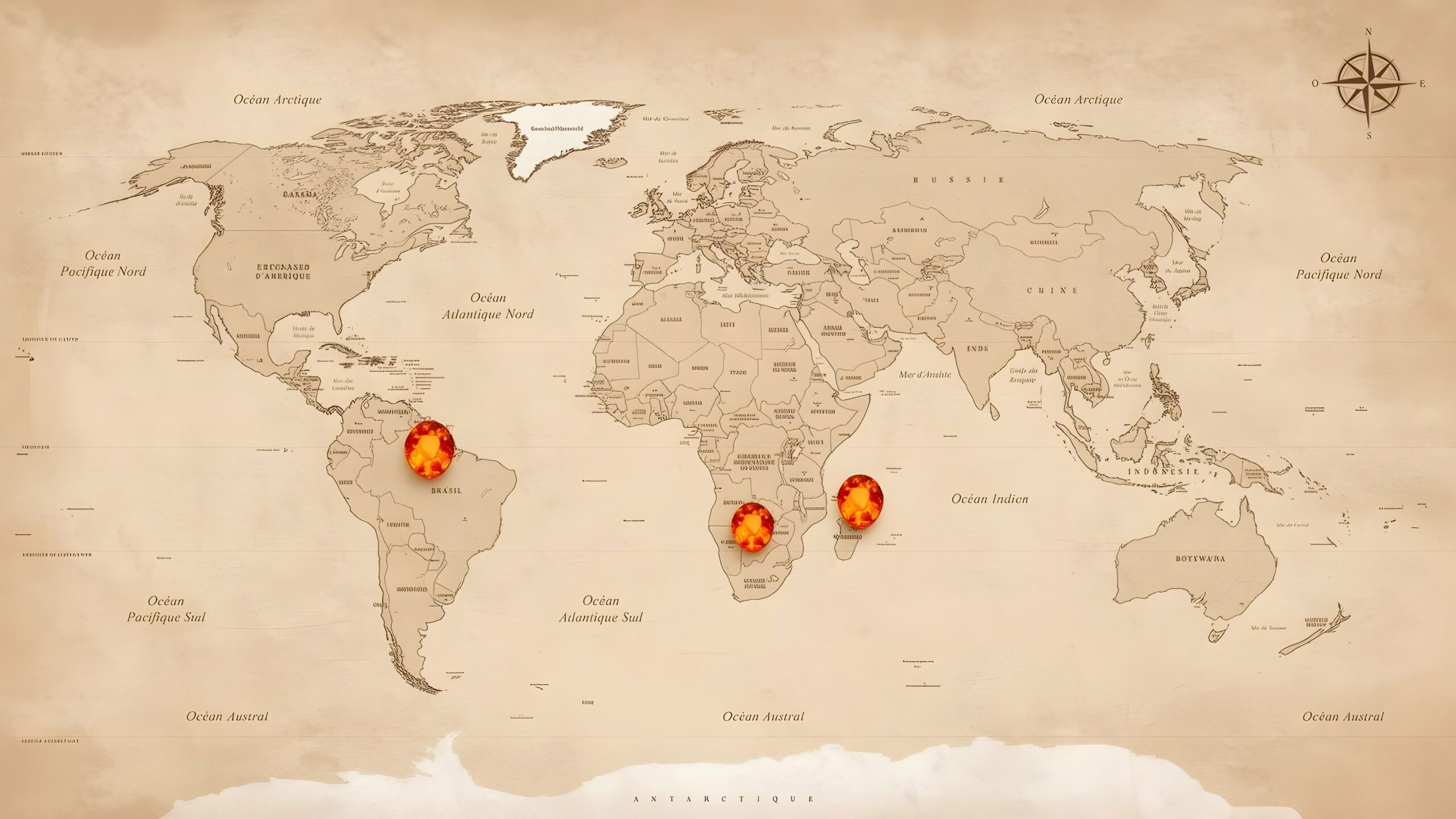 Carte gisements cornaline Brésil Madagascar Botswana style vintage