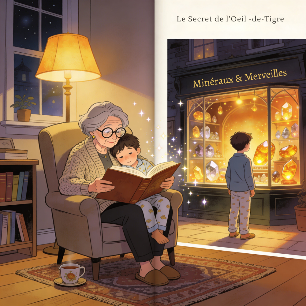 Grand-mère lisant le conte "Le Secret de l'Œil-de-Tigre" à son petit-fils pour développer sa confiance en soi.