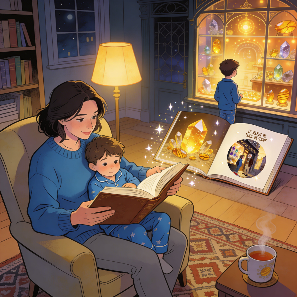 Maman lisant le conte numérique "Le Secret de l'Œil-de-Tigre" à son fils pour l'aider à avoir confiance en lui au moment du coucher.