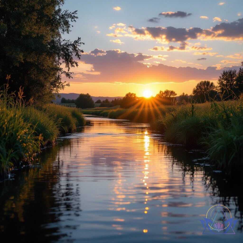 Superbe coucher de soleil sur une rivière calme, symbolisant un chakra sacré parfaitement équilibré.