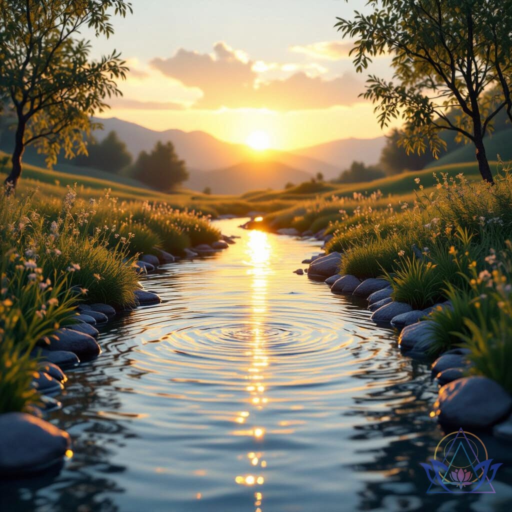 Douce rivière s'écoulant au coucher du soleil, illustrant l'élément eau du chakra sacré.