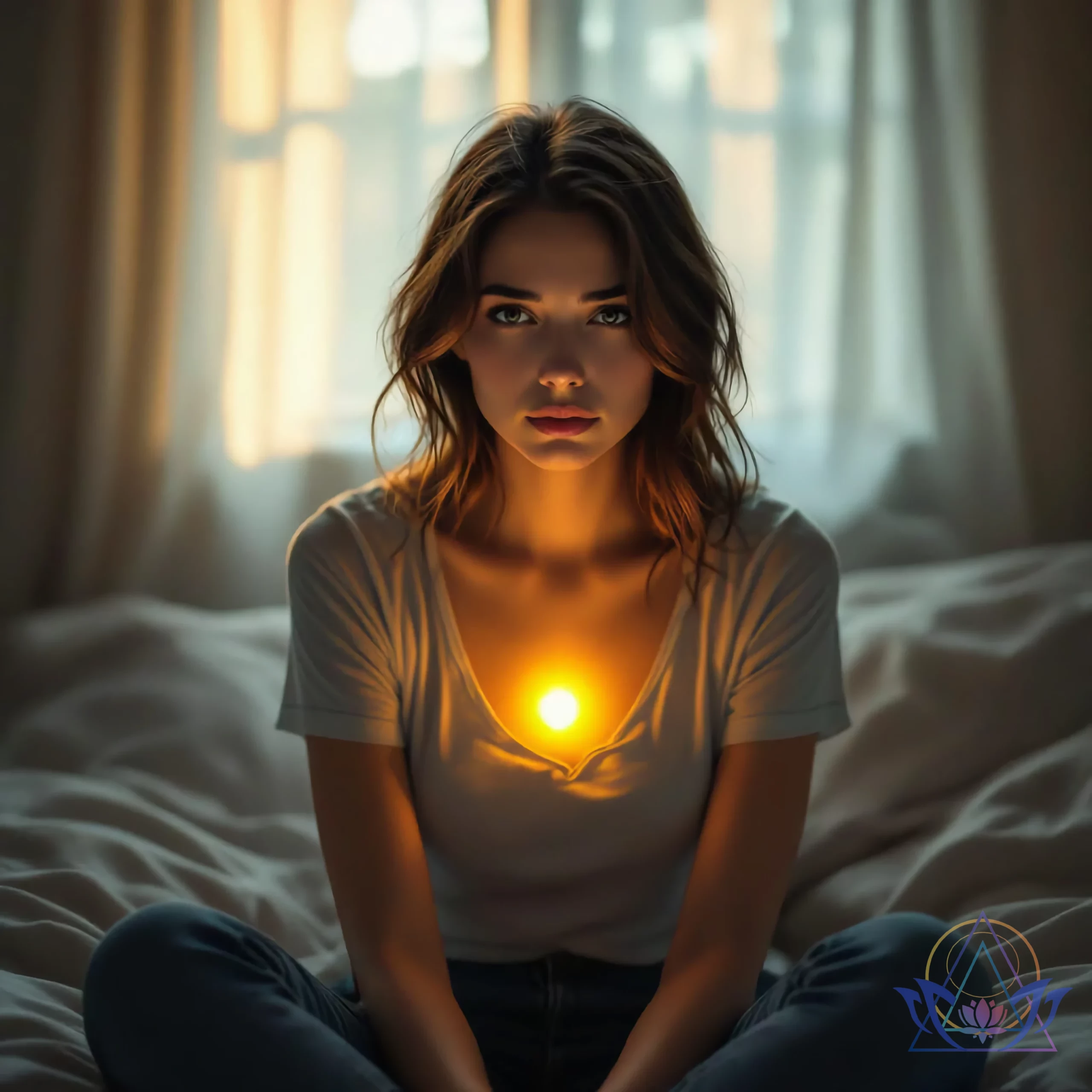 Femme assise dans l'obscurité avec le plexus solaire allumé, représentant un blocage ou un déséquilibre énergétique.