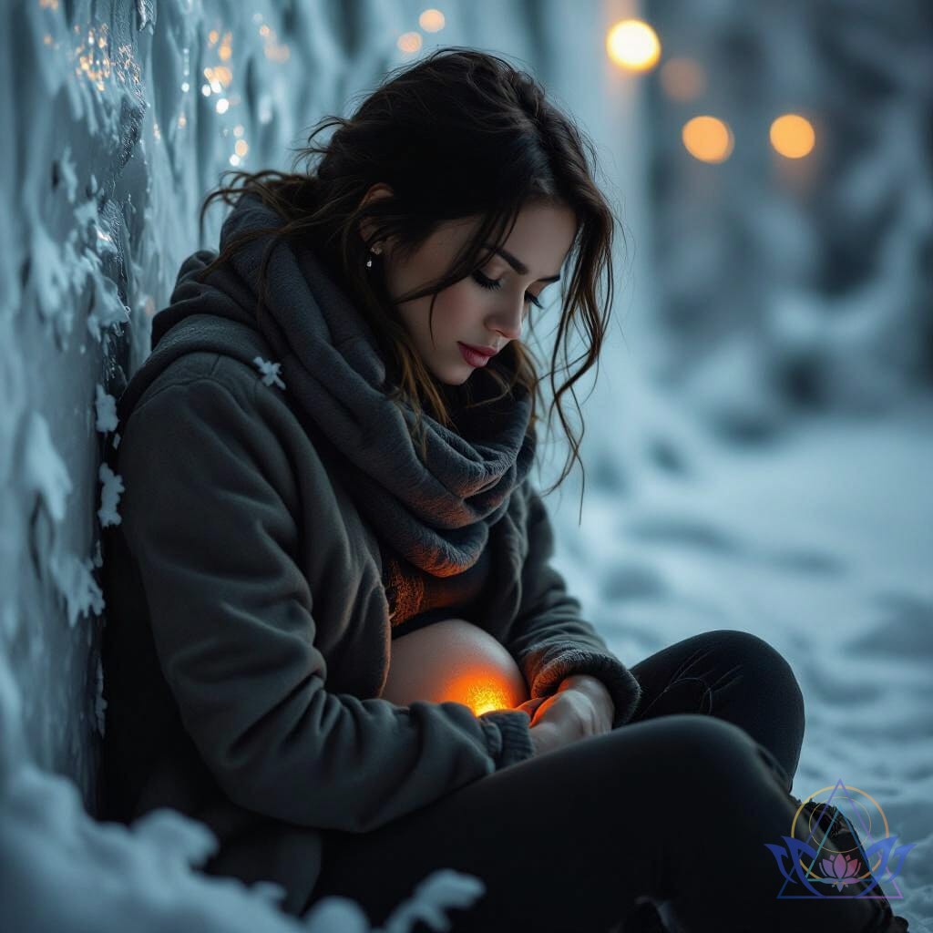 Femme assise au milieu de la neige, le bas-ventre illuminé d'orange, illustrant un blocage du chakra sacré.