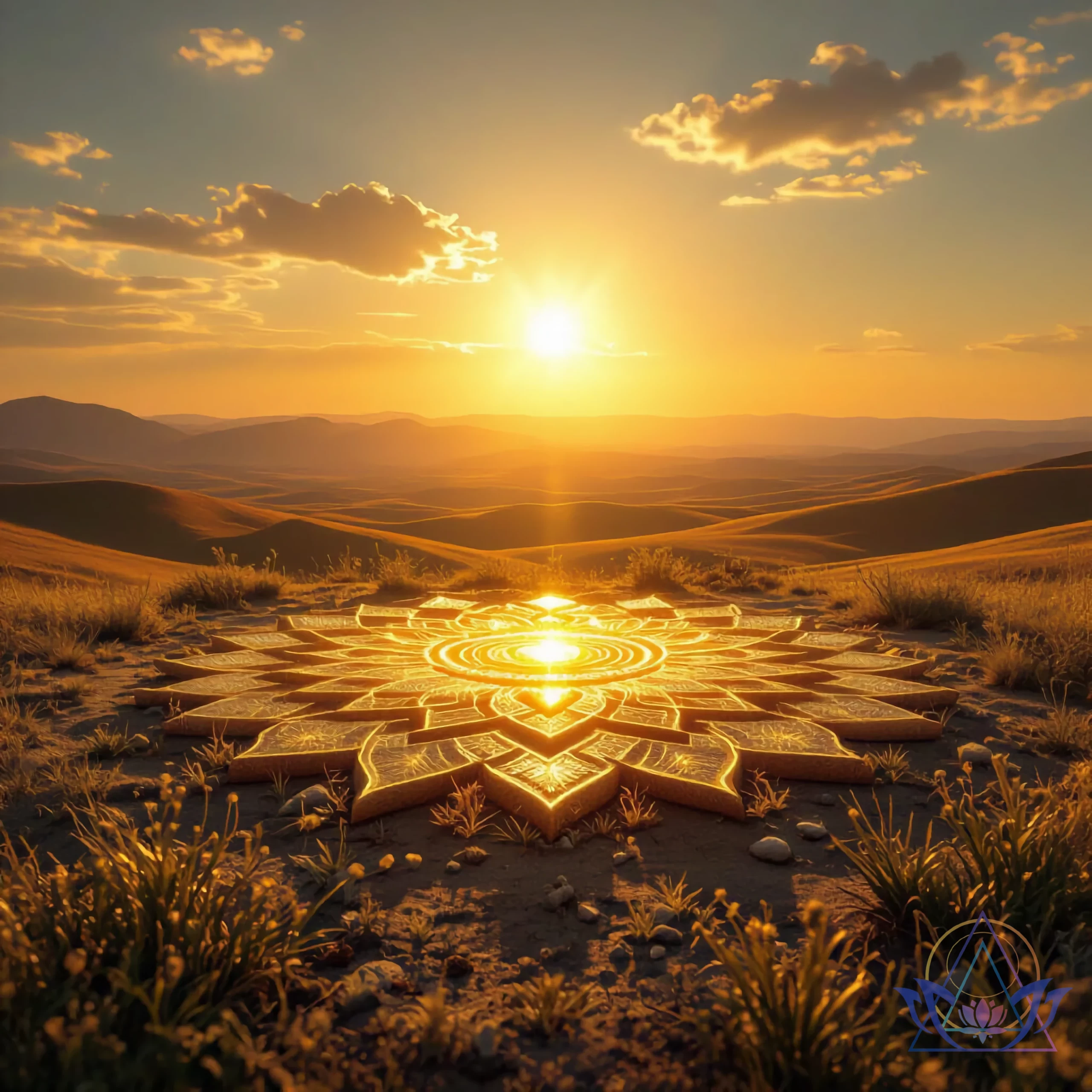 Mandala doré lumineux posé au sol face au soleil levant, illustrant l'élément feu du chakra Manipura.