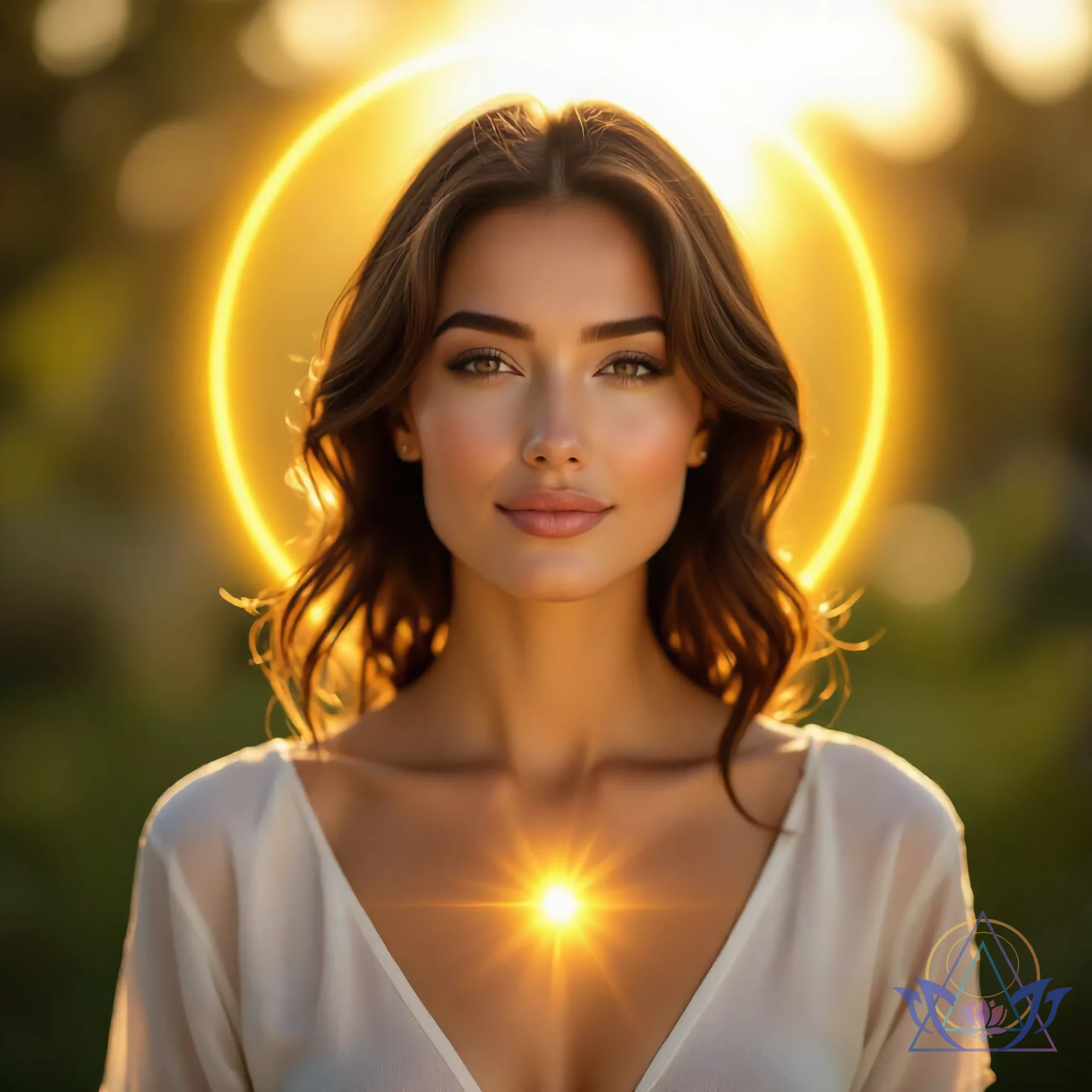 Femme souriante et sereine baignée de lumière dorée, illustrant un chakra du plexus solaire parfaitement équilibré.