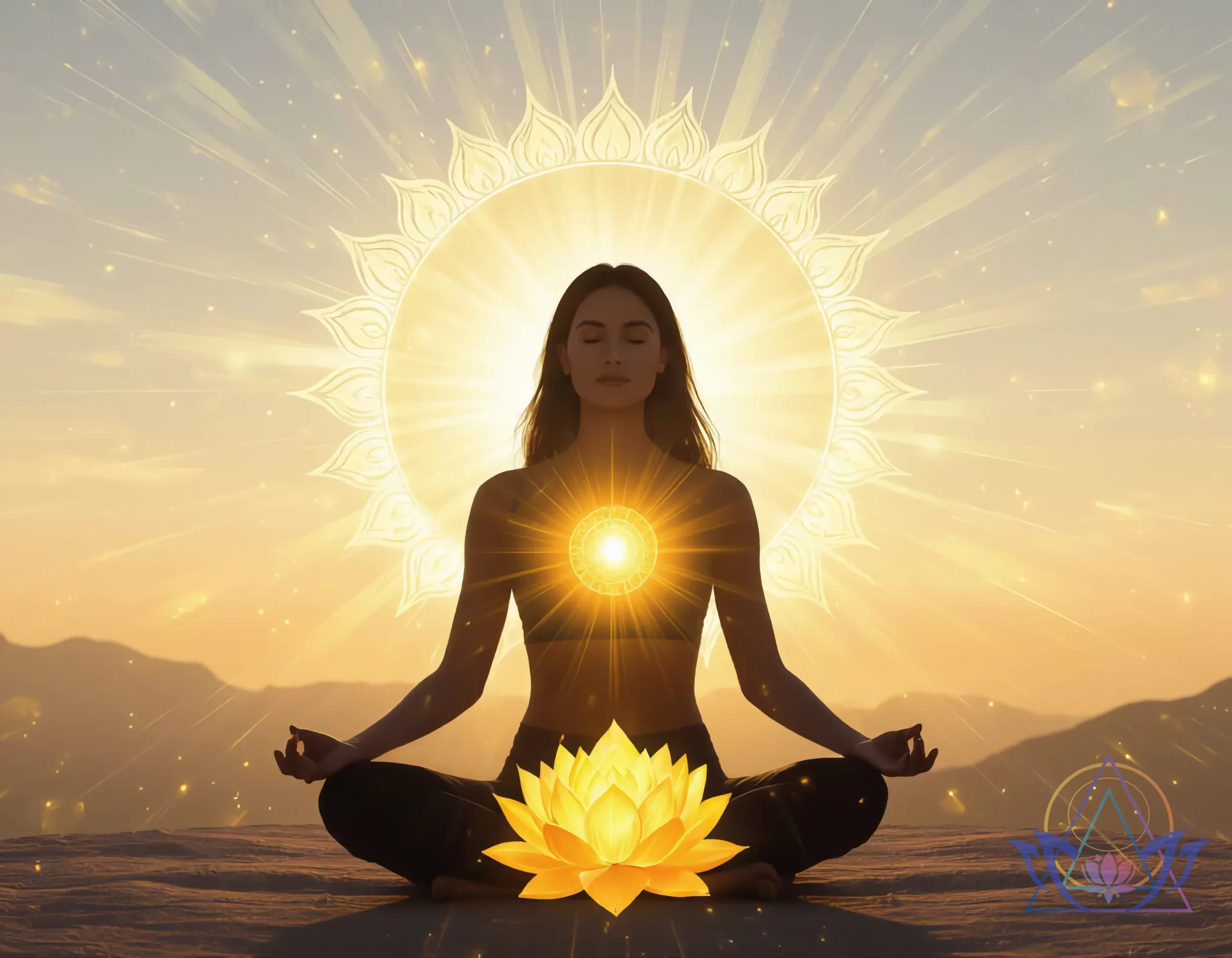 Femme méditant avec un lotus jaune lumineux, symbolisant le chakra du plexus solaire Manipura.