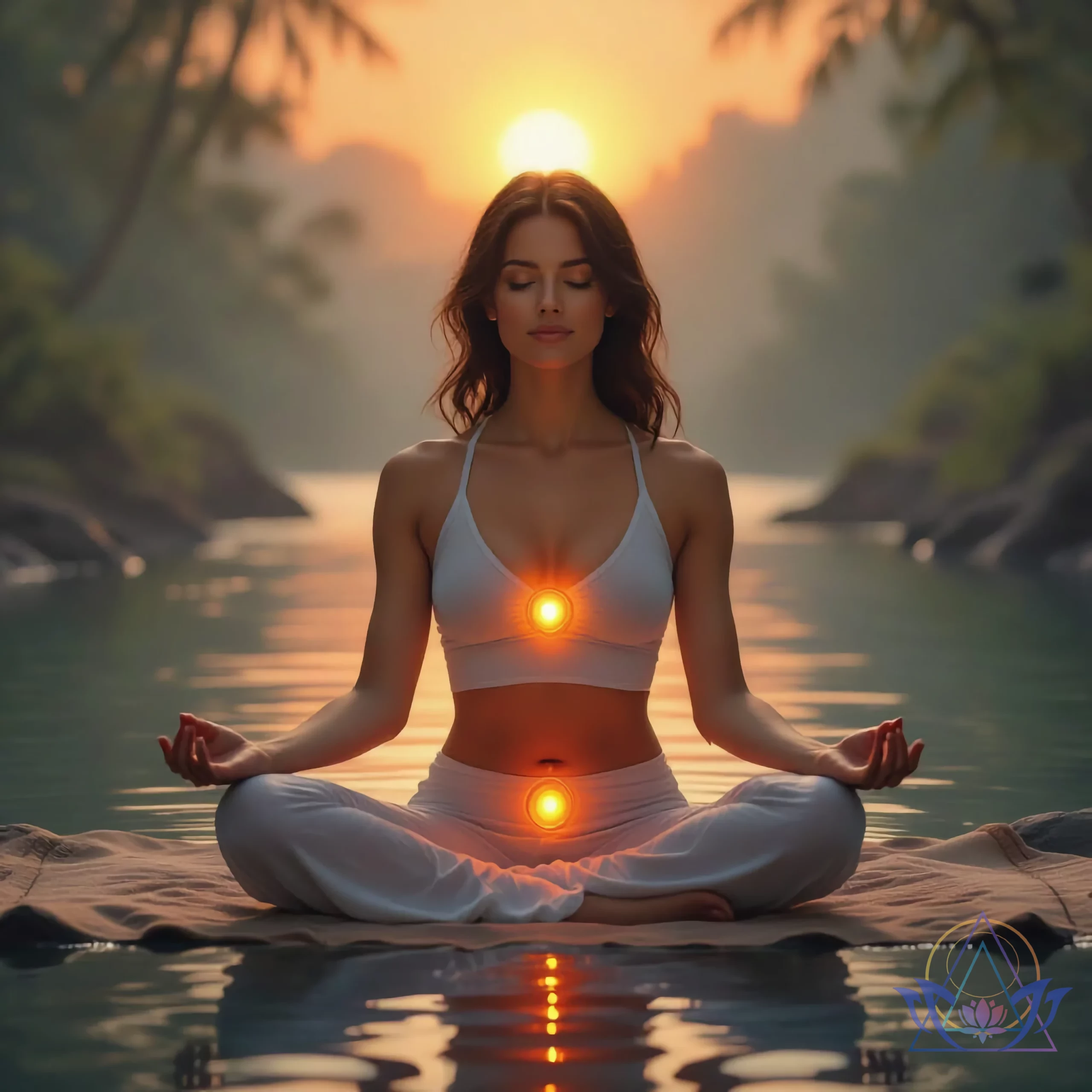 Femme en posture de méditation au bord de l'eau au coucher du soleil, avec le chakra sacré illuminé d'une lumière orange.