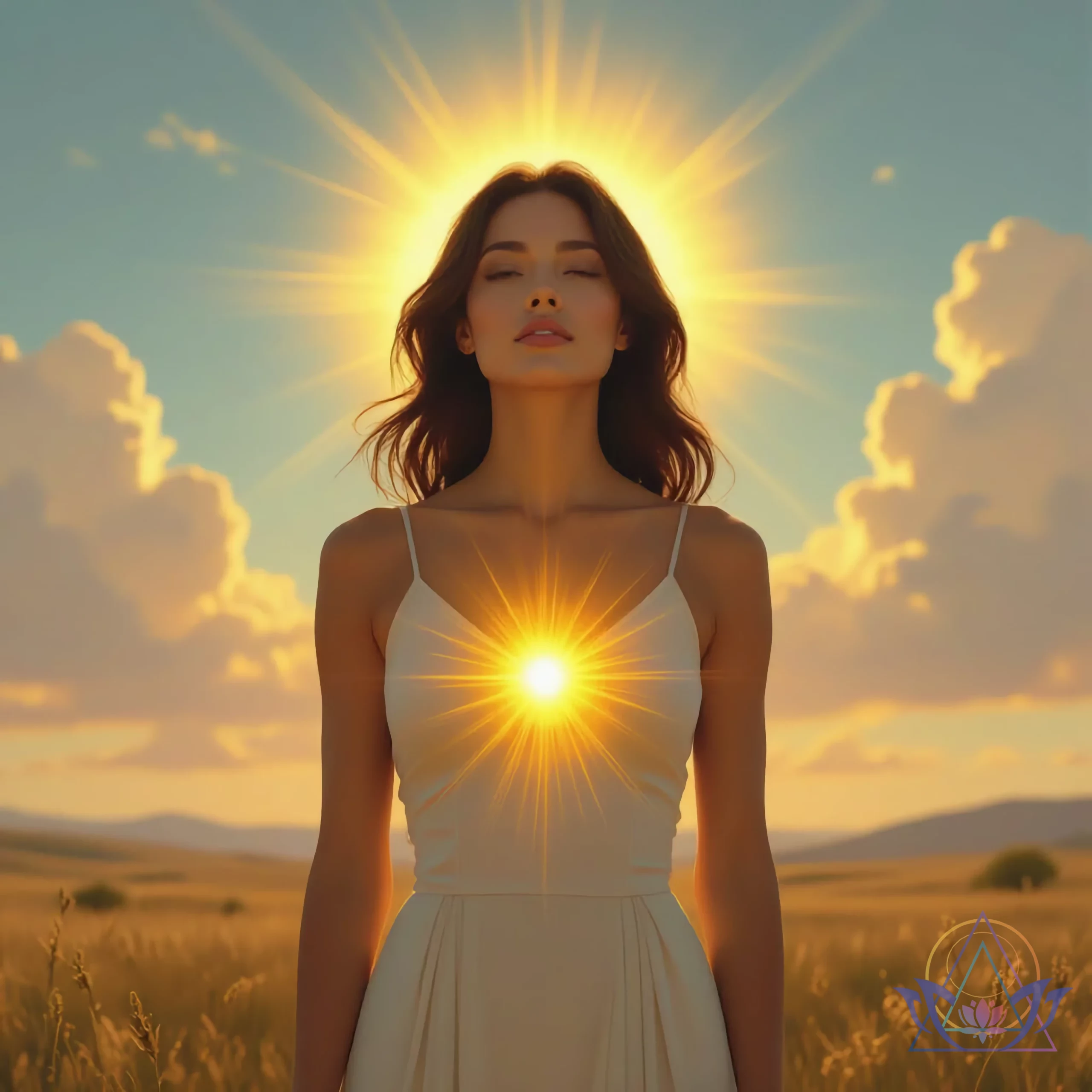 Femme debout au milieu des blés face au soleil, irradiant de lumière depuis son chakra du plexus solaire.
