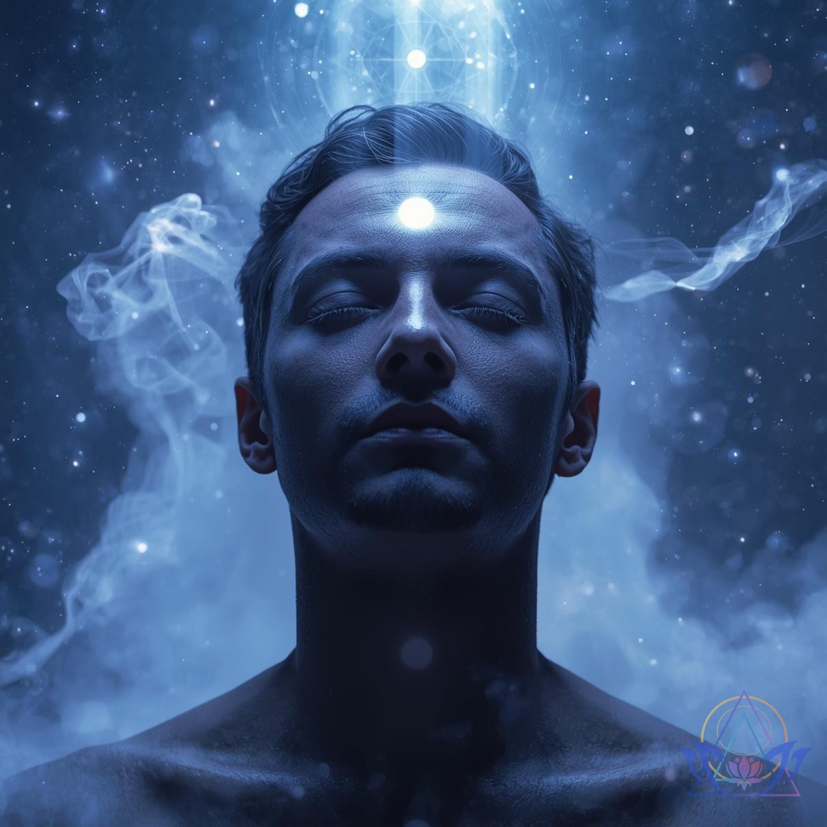 Personne méditant avec une lumière indigo au centre du front.