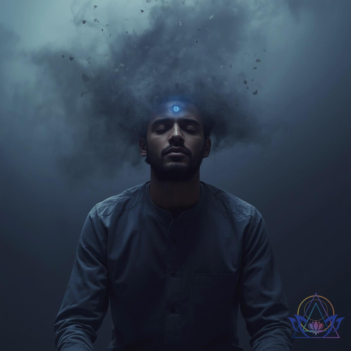 Personne fatiguée se tenant la tête, symbolisant un blocage du troisième oeil.