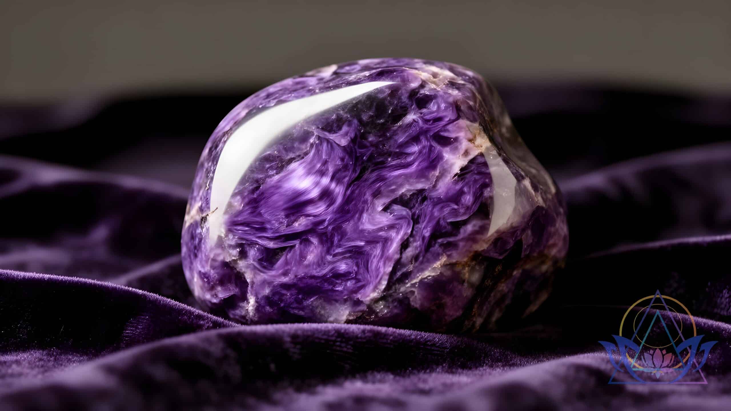 Pierre violette posée sur un tissu velours mauve pour la méditation.