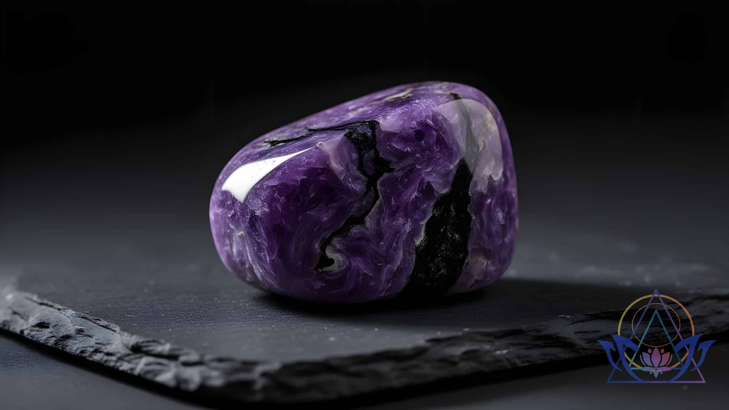 Pierre polie violette avec des inclusions noires posée sur de l'ardoise.