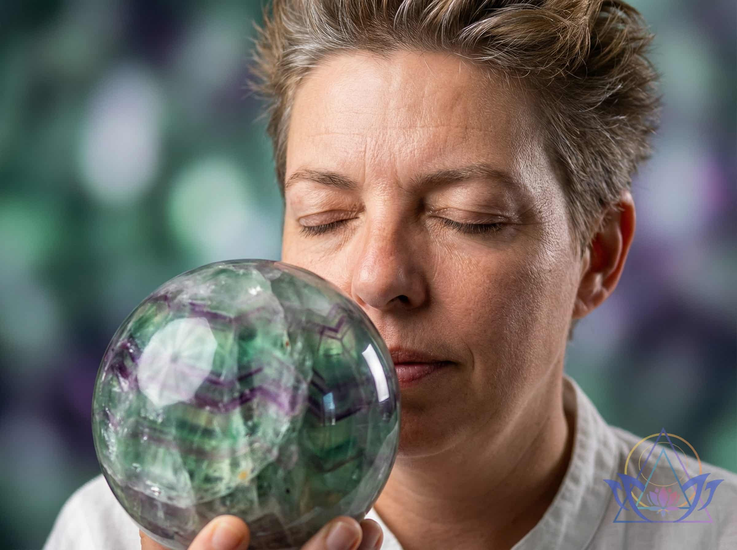 Personne pratiquant une méditation profonde avec une sphère de fluorite multicolore.