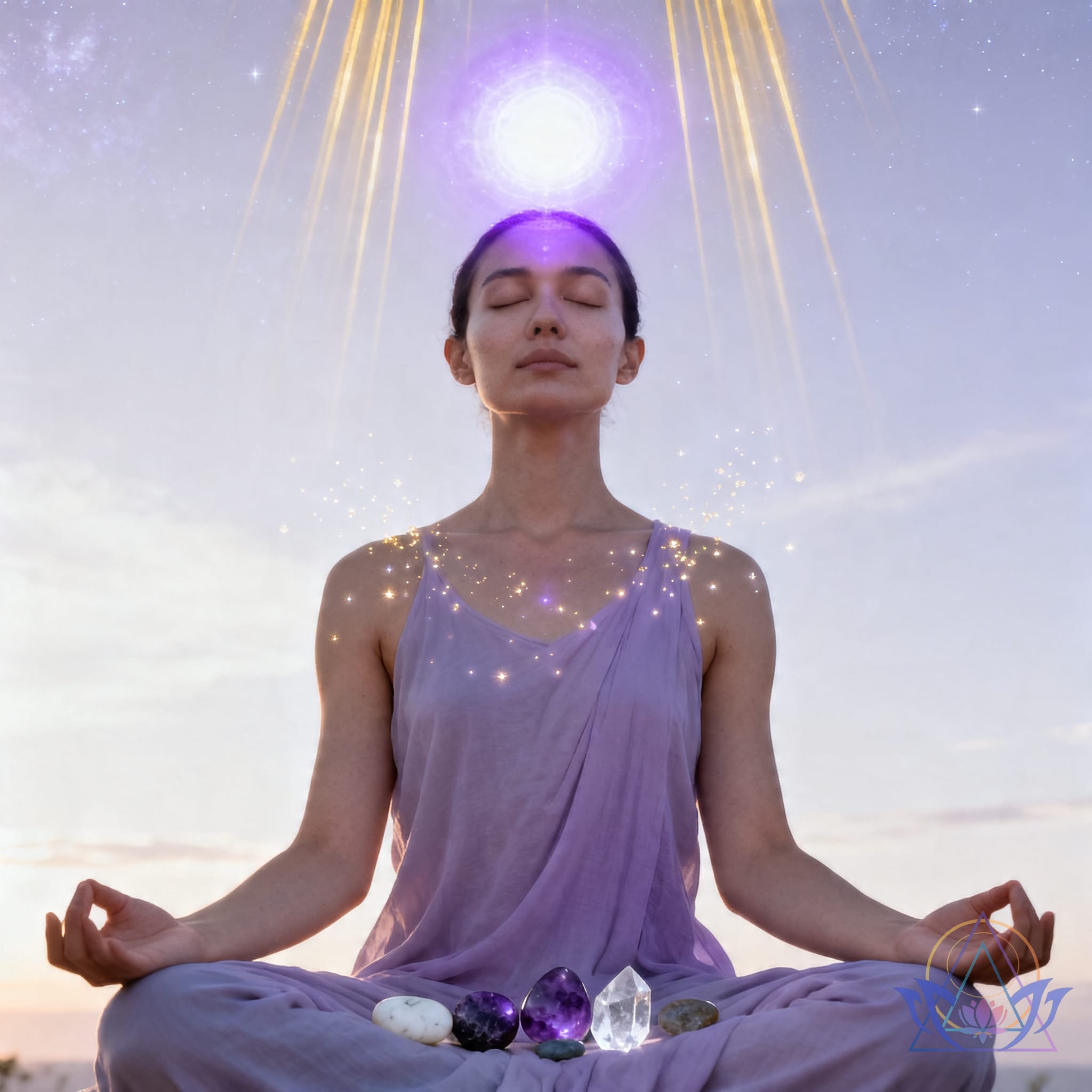 Femme qui médite paisiblement avec une lumière violette au sommet du crâne et des cristaux.