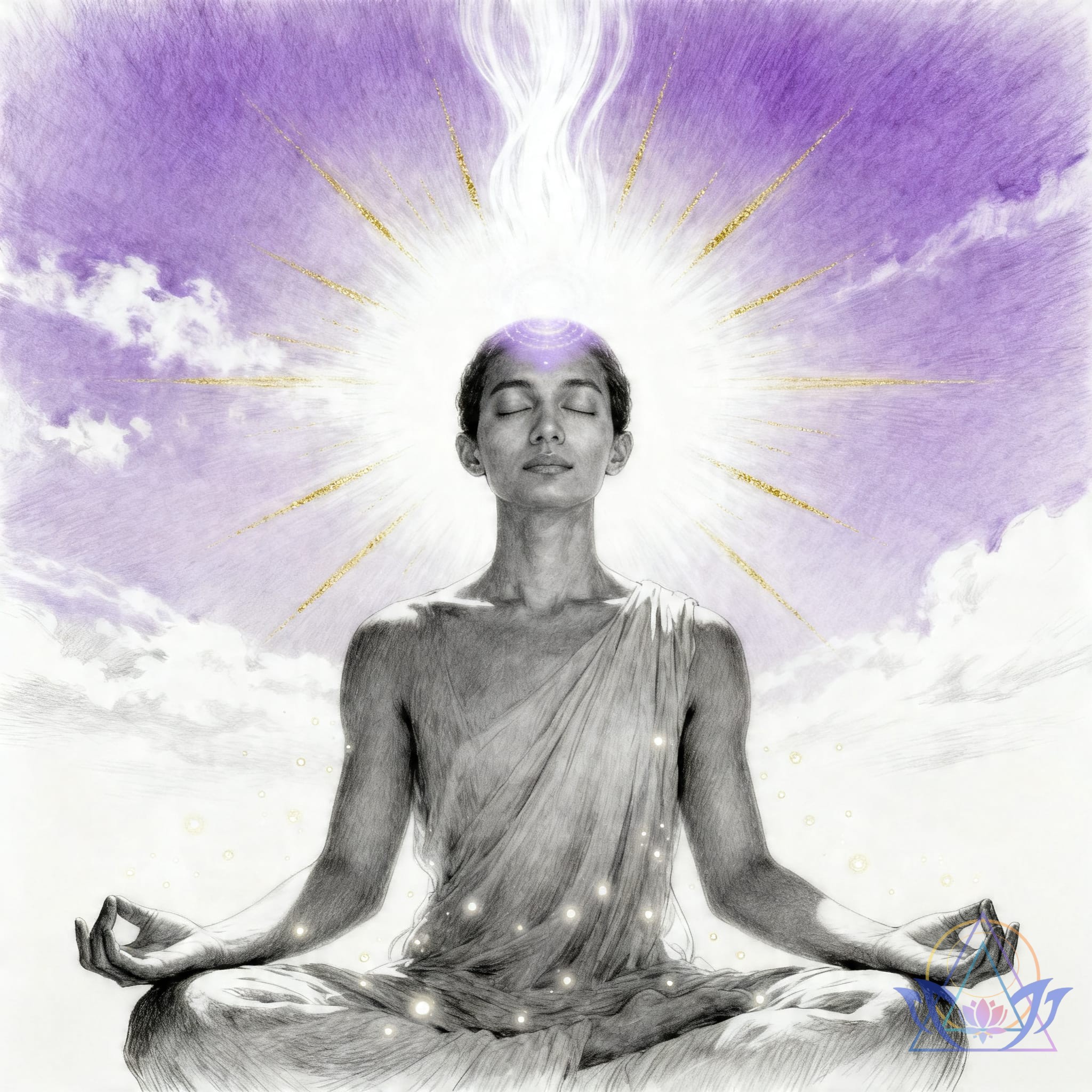 Personne sereine avec une lumière éclatante rayonnant depuis le sommet du crâne.