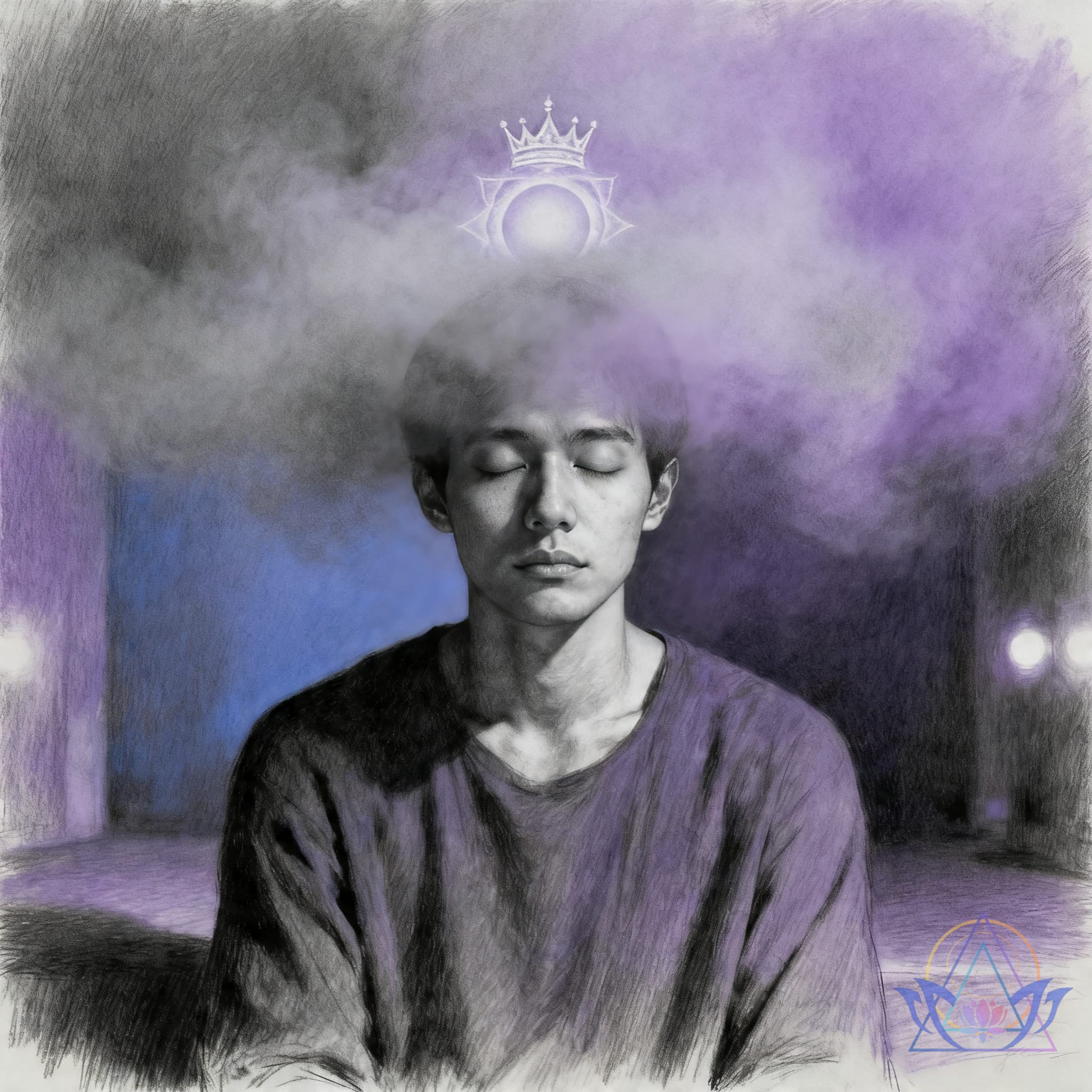 Homme fatigué avec un brouillard violet sombre autour de la tête symbolisant un blocage du septième chakra.