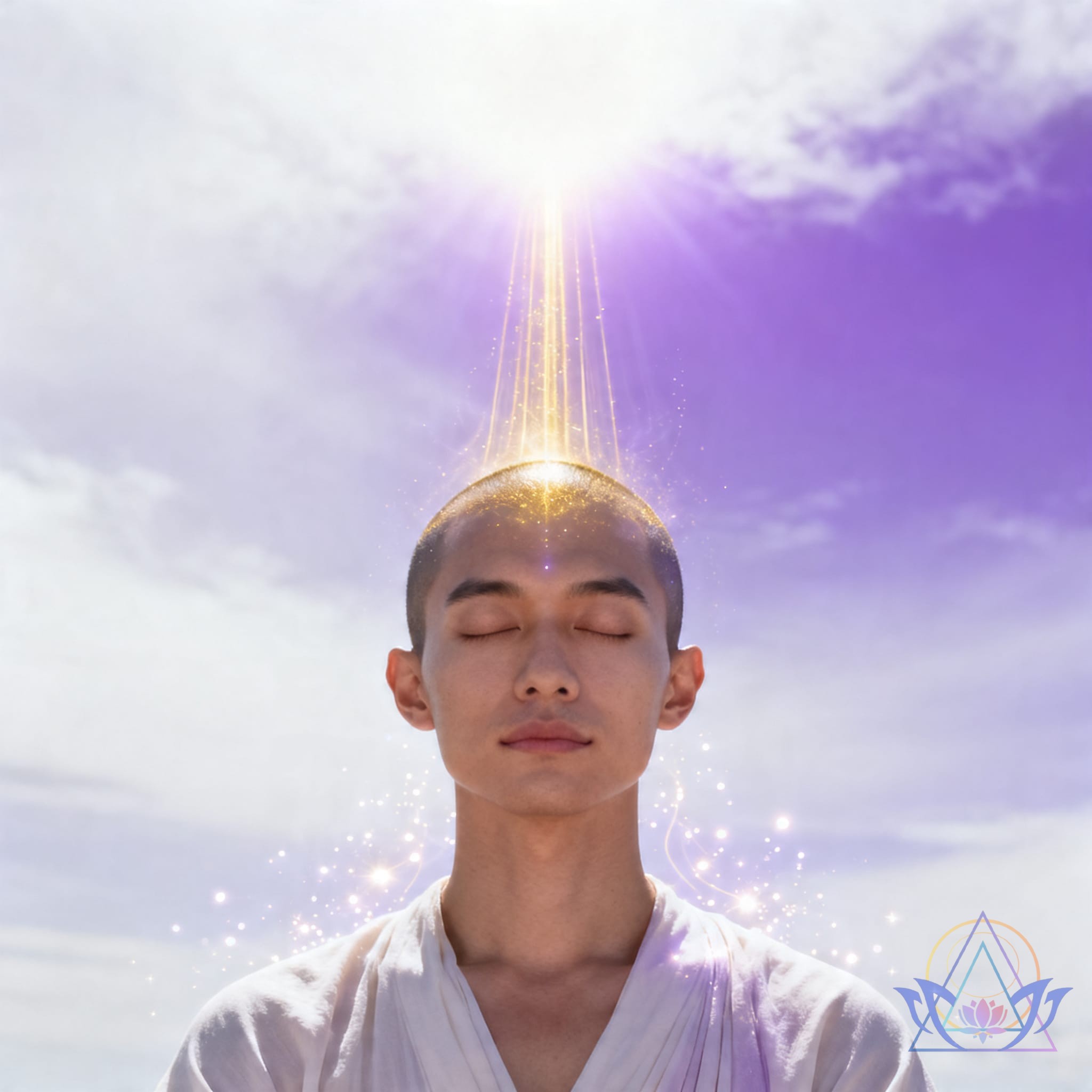 Homme apaisé recevant un faisceau de lumière dorée sur la tête sous un ciel violet.