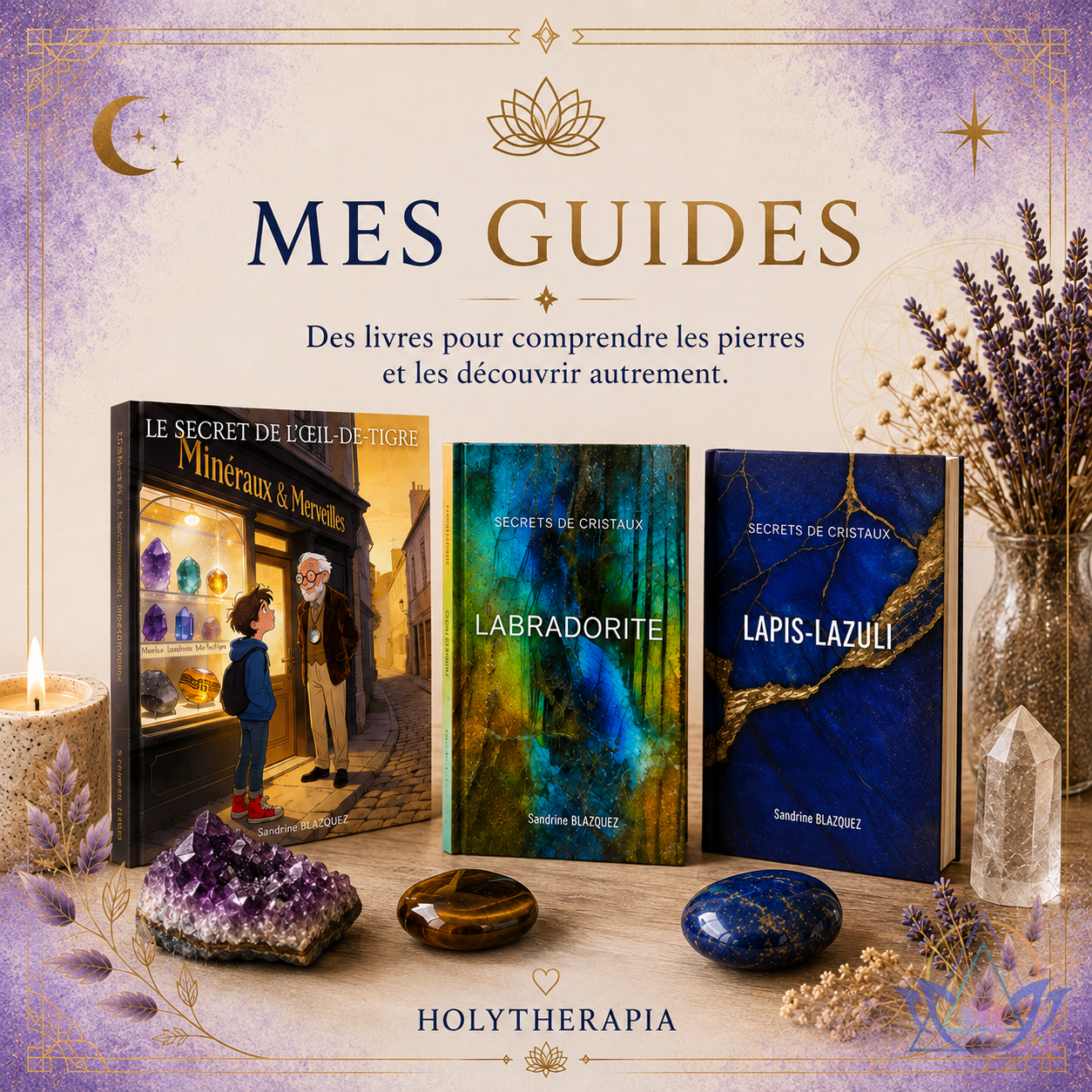 Les guides HOLYTHERAPIA consacrés aux pierres : Œil-de-Tigre, Labradorite et Lapis-Lazuli